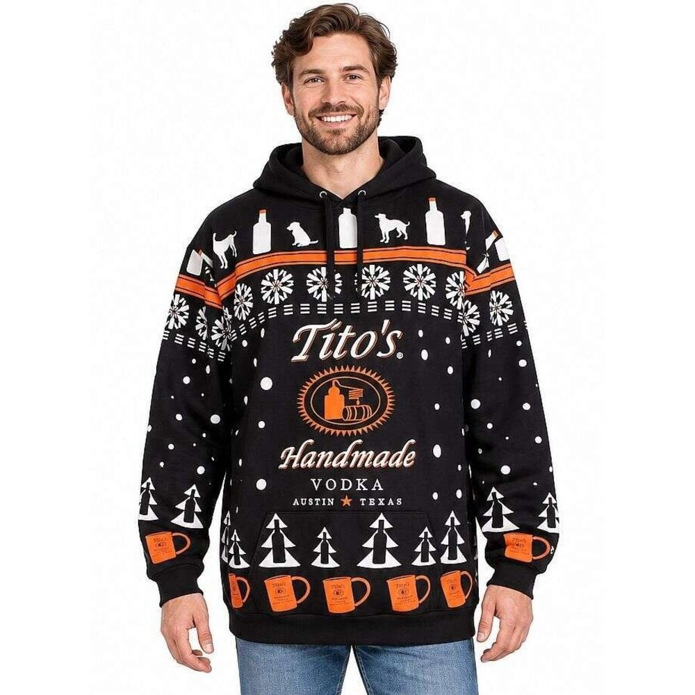 Tito's Handmade Vodka Austin Texas Ugly Christmas Hoodie Men L Black Fair Isle
